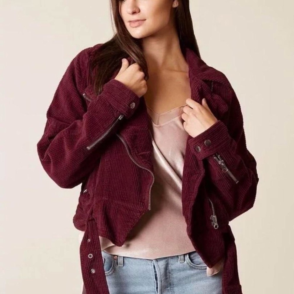Free People Corduroy Moto Jacket Burgundy Cropped Belted Zip Front Size Small